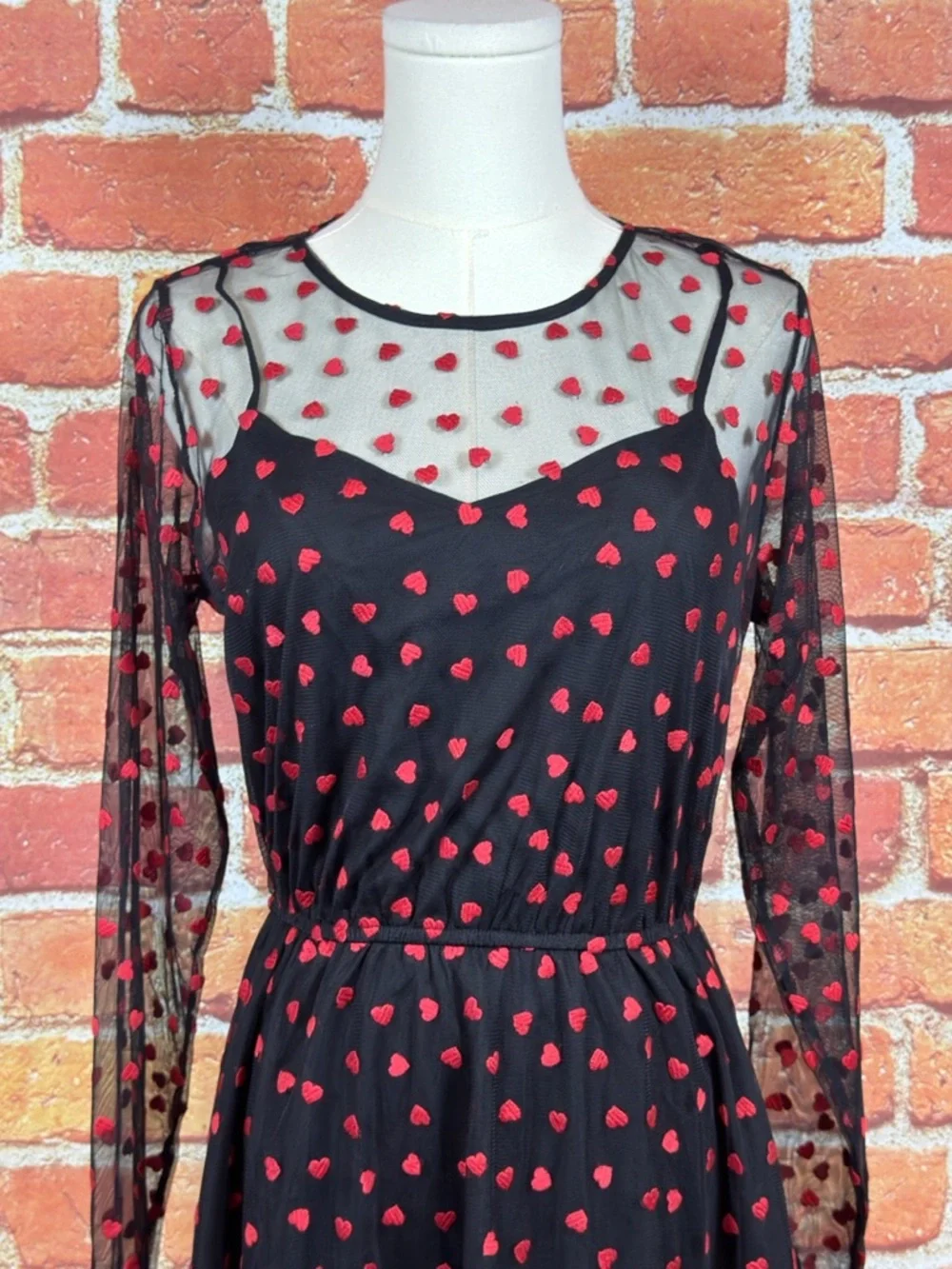 Modcloth Black Dress with Red Heart Pattern Size Small - Picture 2 of 15